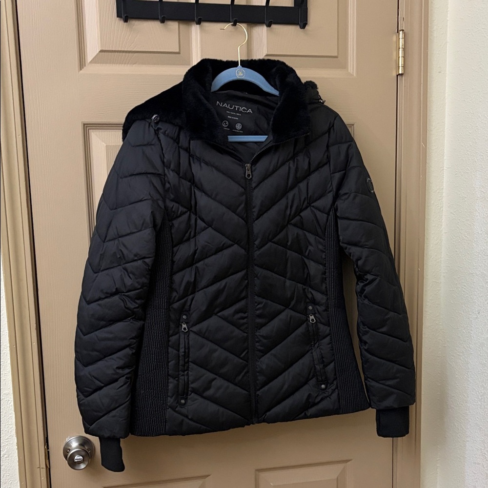 Nautica Women's Black Puffer Jacket with removable hoodie